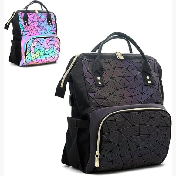 Large Geometric Holographic Backpack with USB Port for Laptop Travel Work main image 4